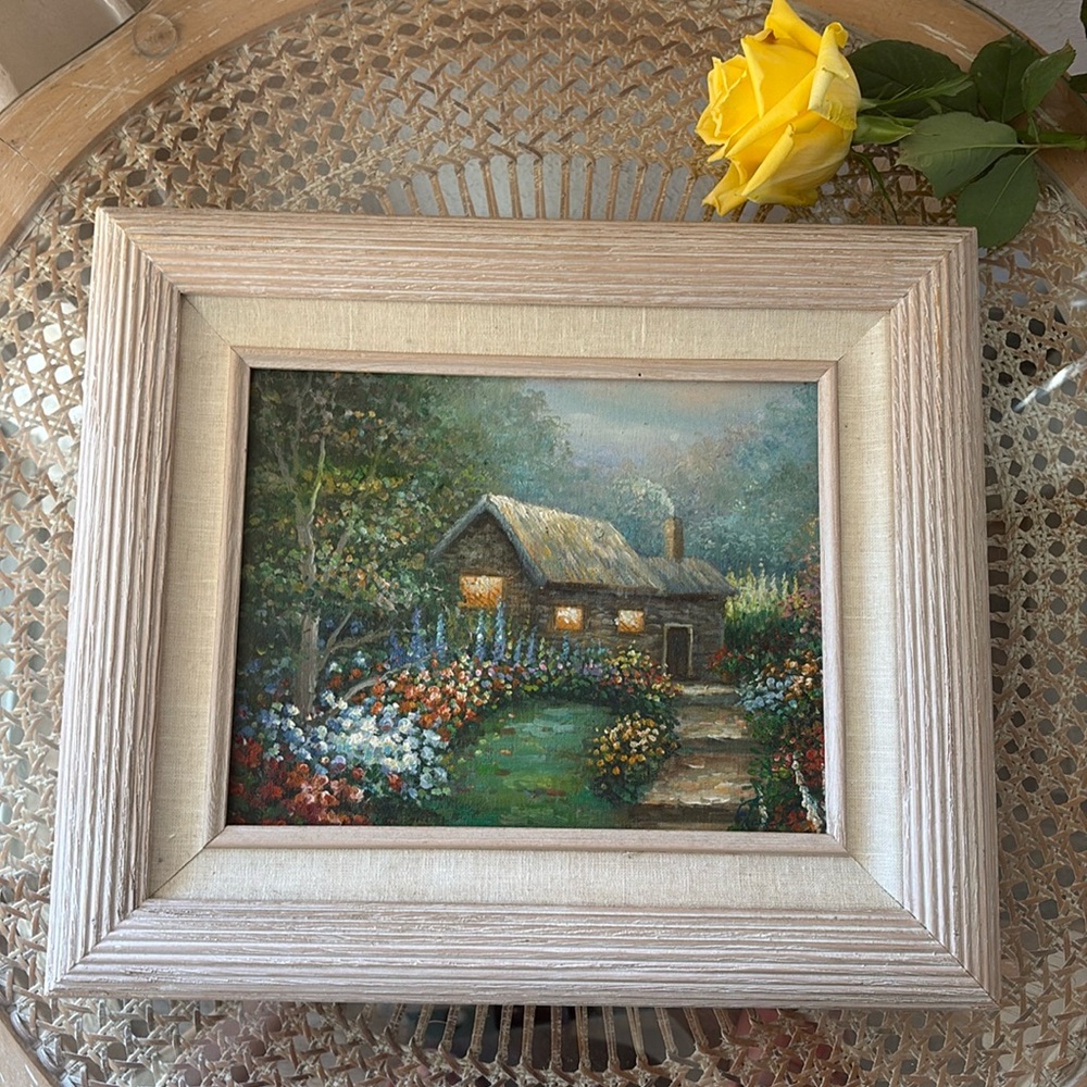Original oil painting cottagecore cabin and flowes - Picture 2 of 8